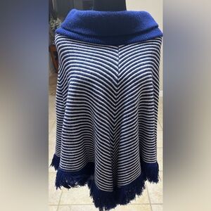 Vintage ILGWU Union-Made USA Knit Poncho Cape, Navy/White Stripe Fringe